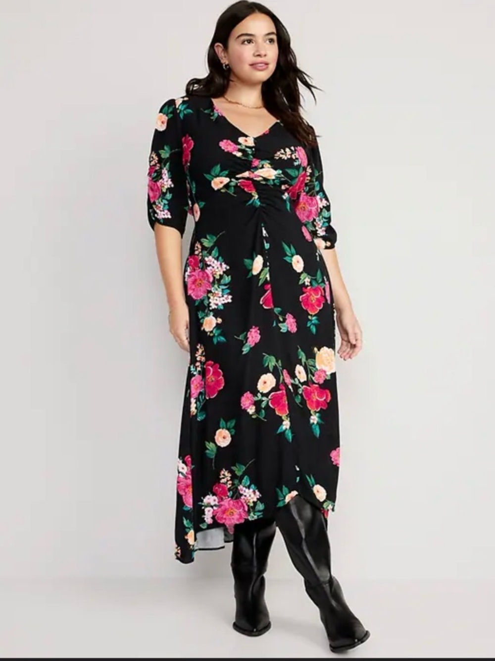 Old Navy Black Midi Dress with Pink, Red & Cream Floral Print and Puff Sleeves